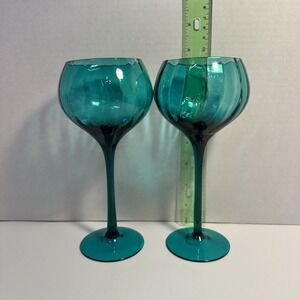 Vintage MCM Empoli Italian Teal Optic Ribbed Glass Goblets Pair 1960s